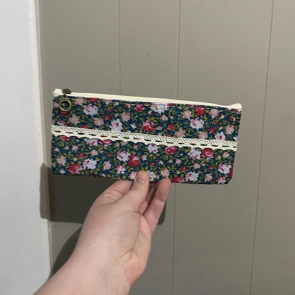 Floral Zipper Pouch with Lace Detail